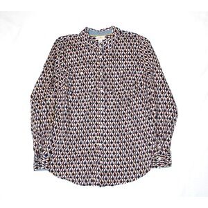 St. John Bay Womens Navy Multicolor Bird Pattern Button Long Sleeve Shirt Blouse